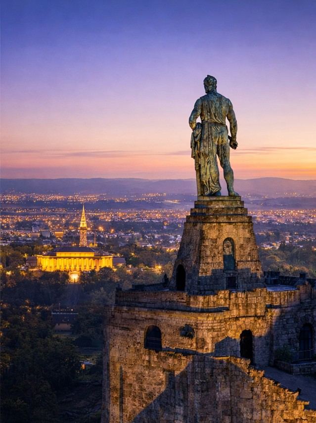 Blick vom Herkules auf Kassel und Nordhessen bei Sonnenuntergang
